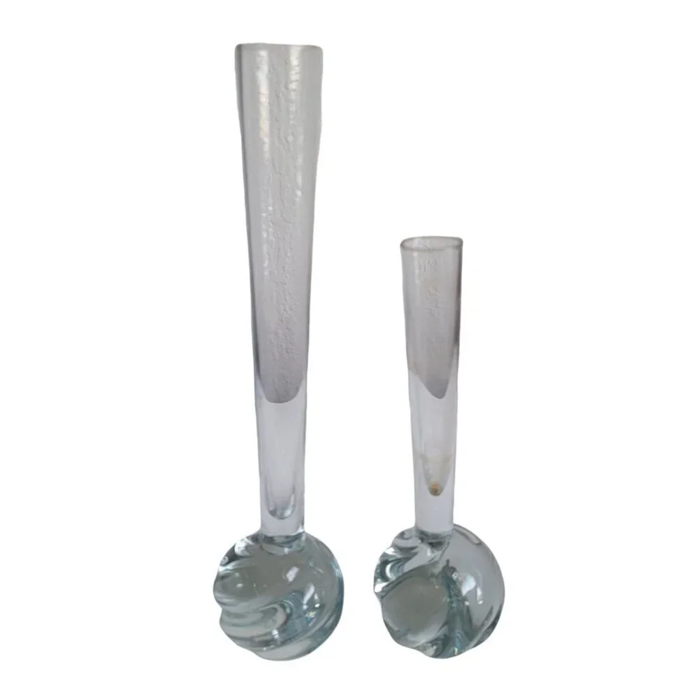 Pair of Mid Century Modern Clear Bud Vases Twisted Weighted Bottoms
